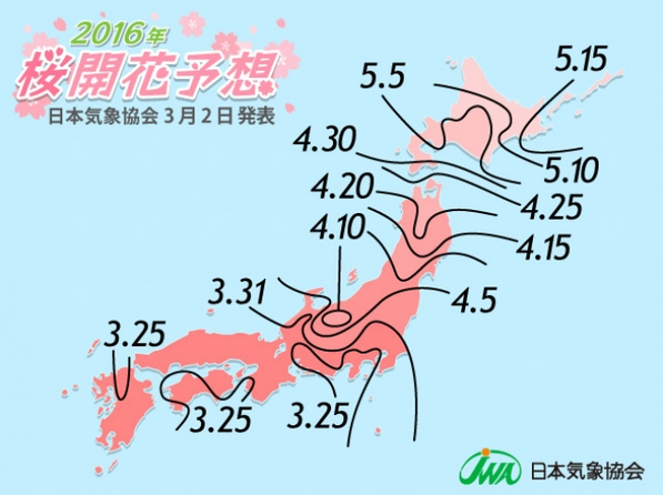 2016年桜開花予想前線図